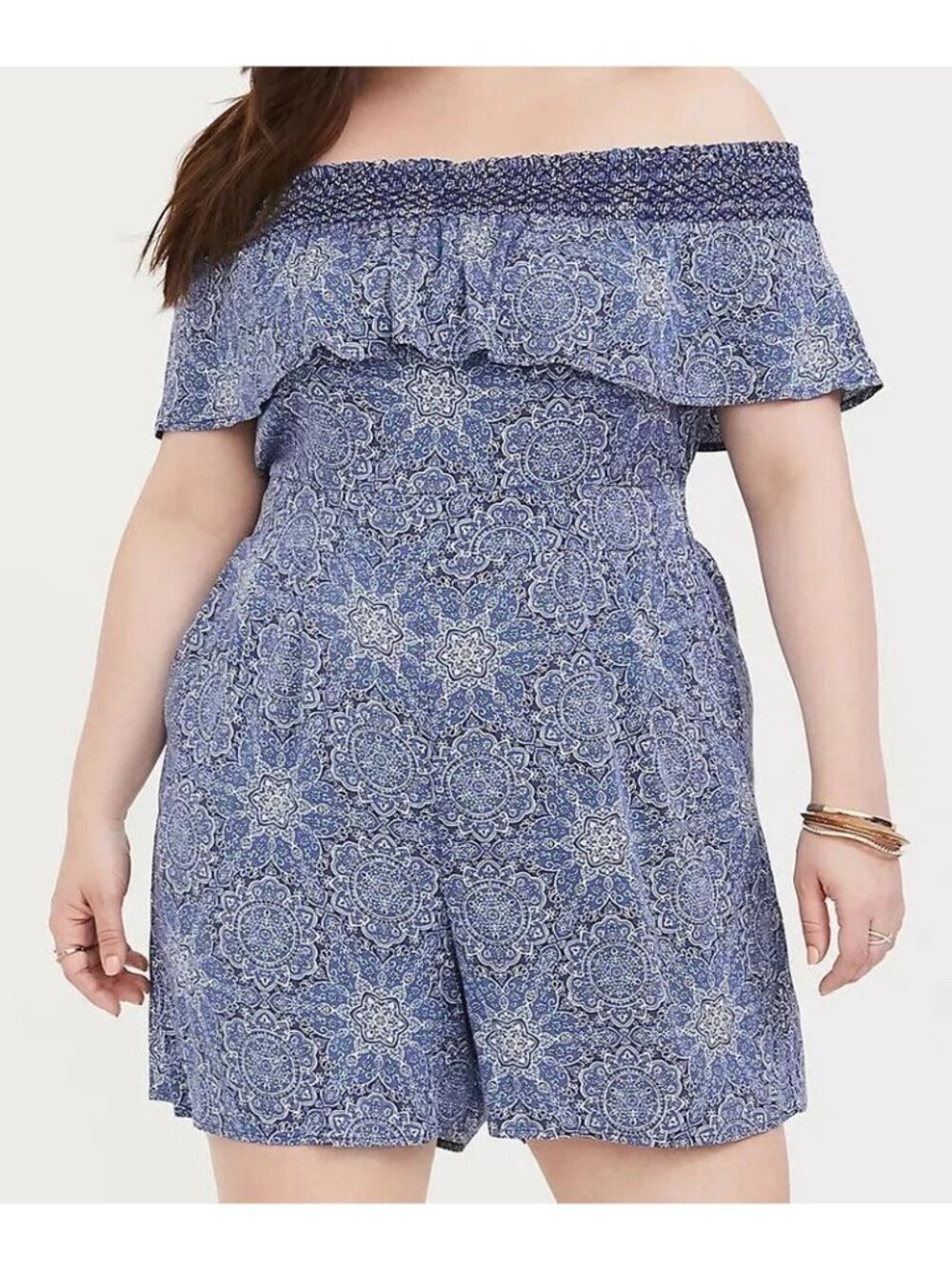 Torrid Romper Womens Size 3 3X Blue Geometric Smocked Ruffle Flowy Stretchy Vaca